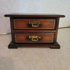 Vintage JEWELRY  wood music box brown yellow lining rings small vanity dresser